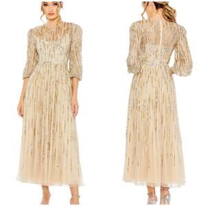 Mac Duggal NWT Sequin Illusion High Neck Midi Dress Beaded Waist Taupe Size 2